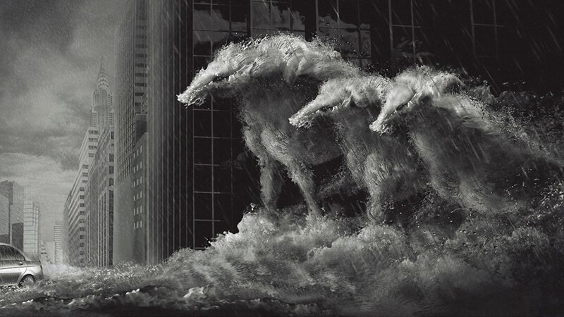 Flooded city with water creatures