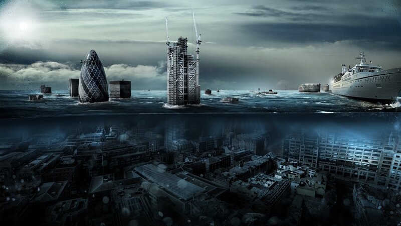 Flooded Cityscape — Blue, Dramatic, Digital Art, Skyscrapers