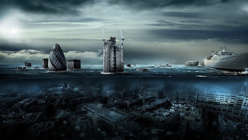 Flooded Cityscape — Gray, Dramatic, Night, Digital Art