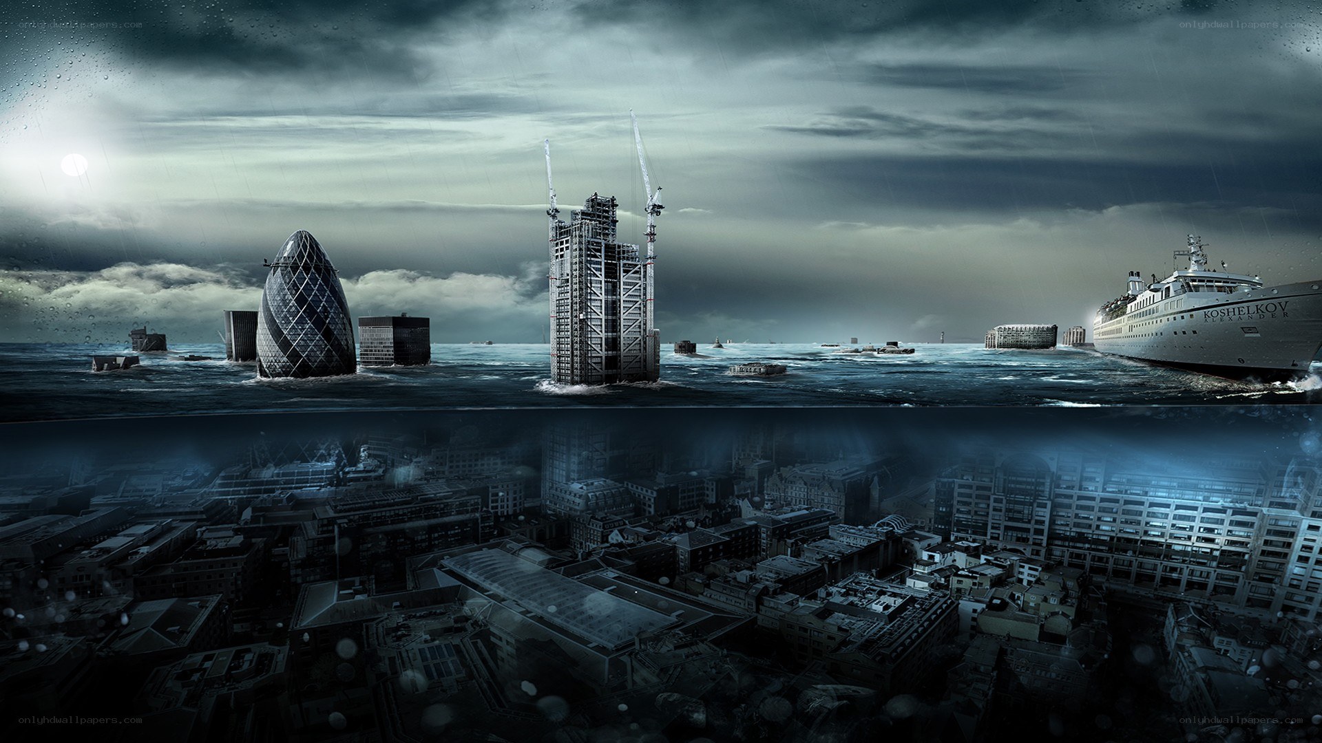 flooded cityscape with ship
