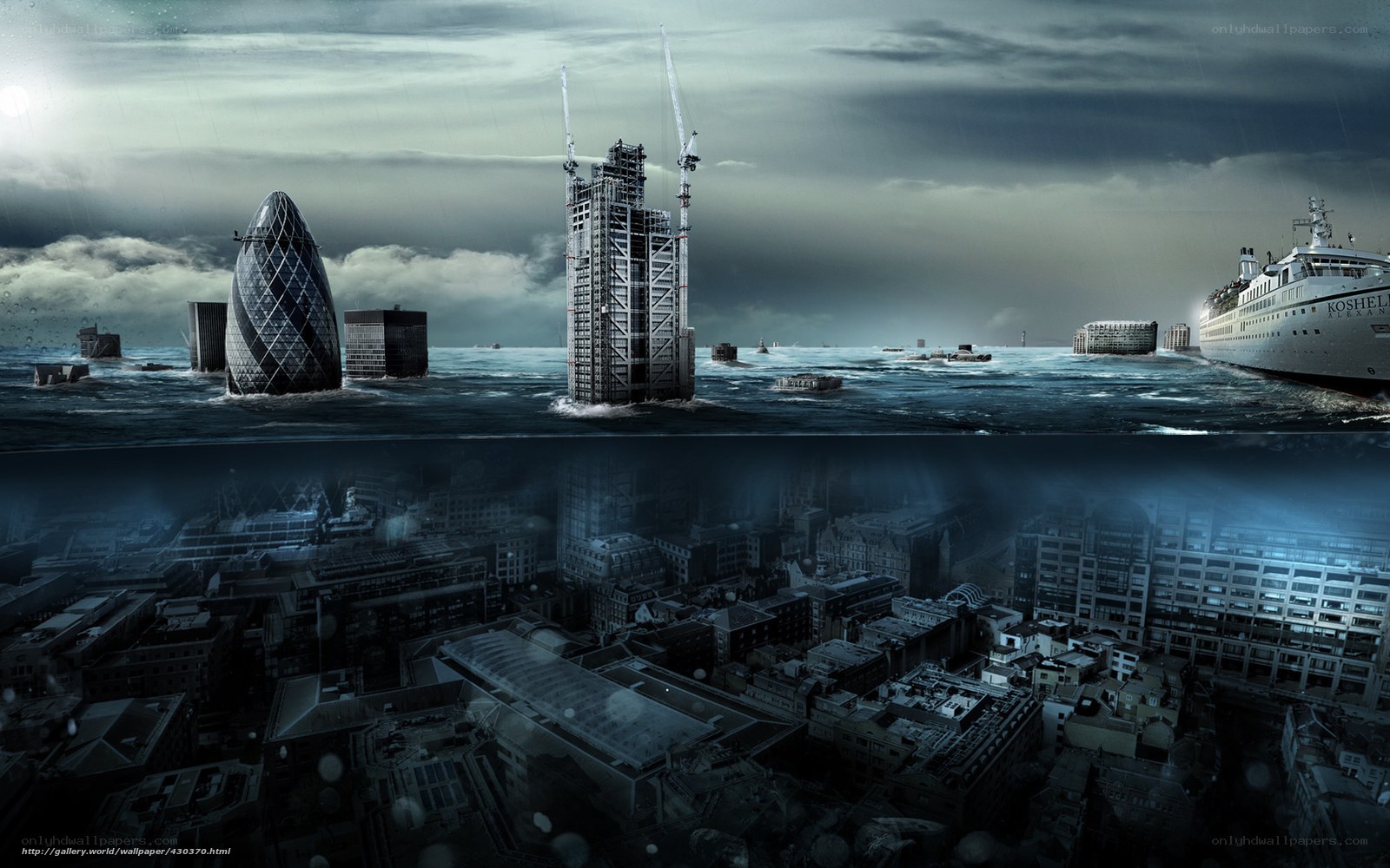 flooded cityscape with skyscrapers