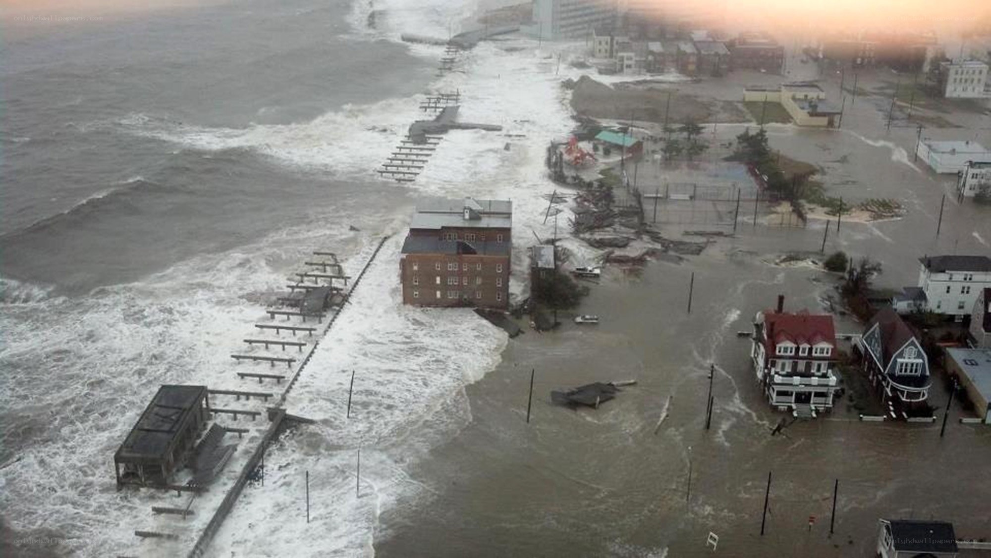 Flooded coastal town during storm