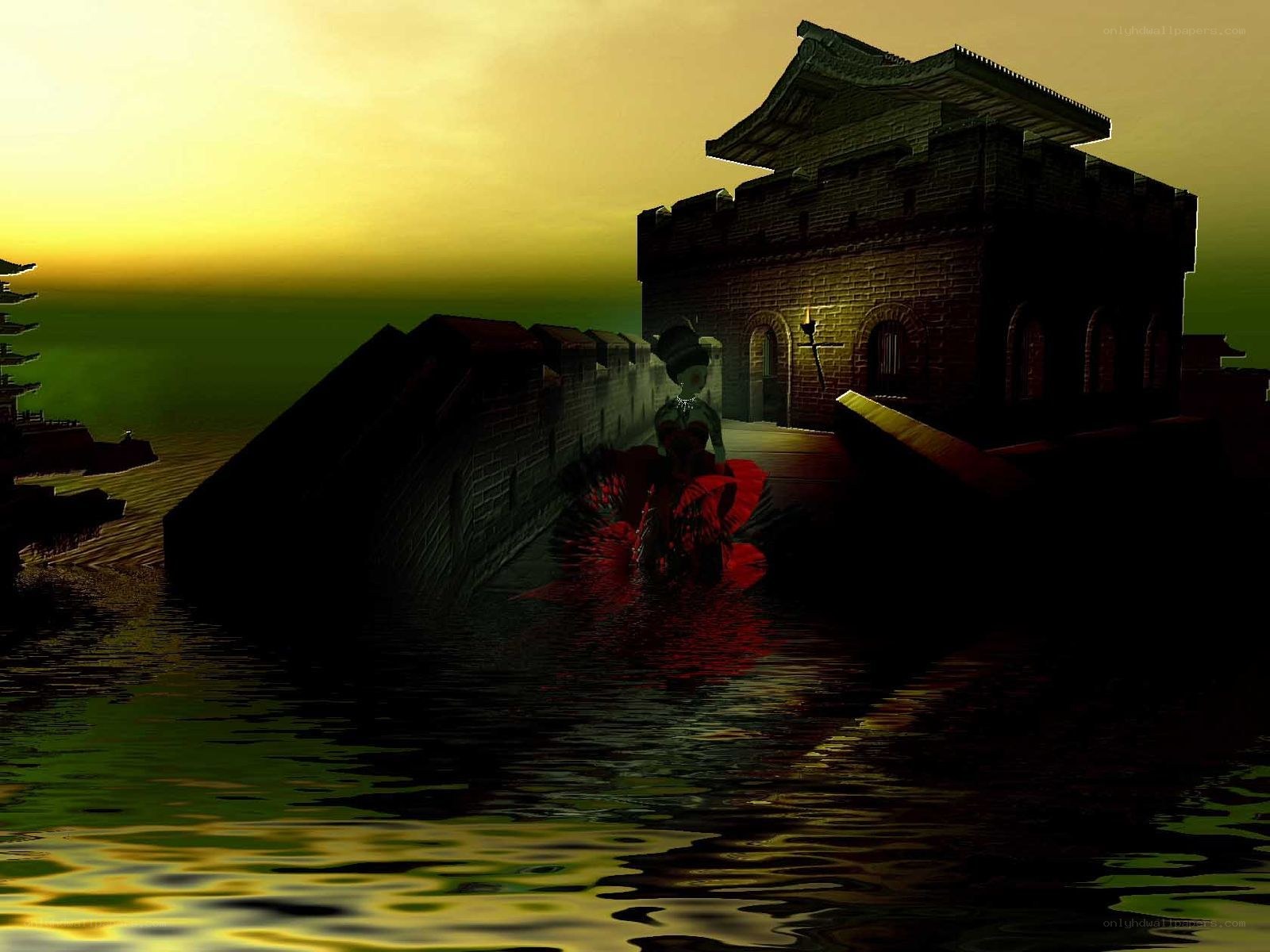 Flooded fortress at sunset