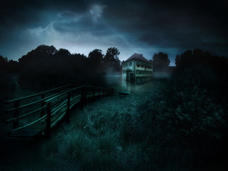 Flooded House at Night — Blue