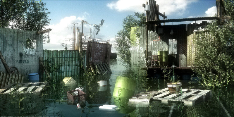 flooded industrial waterfront