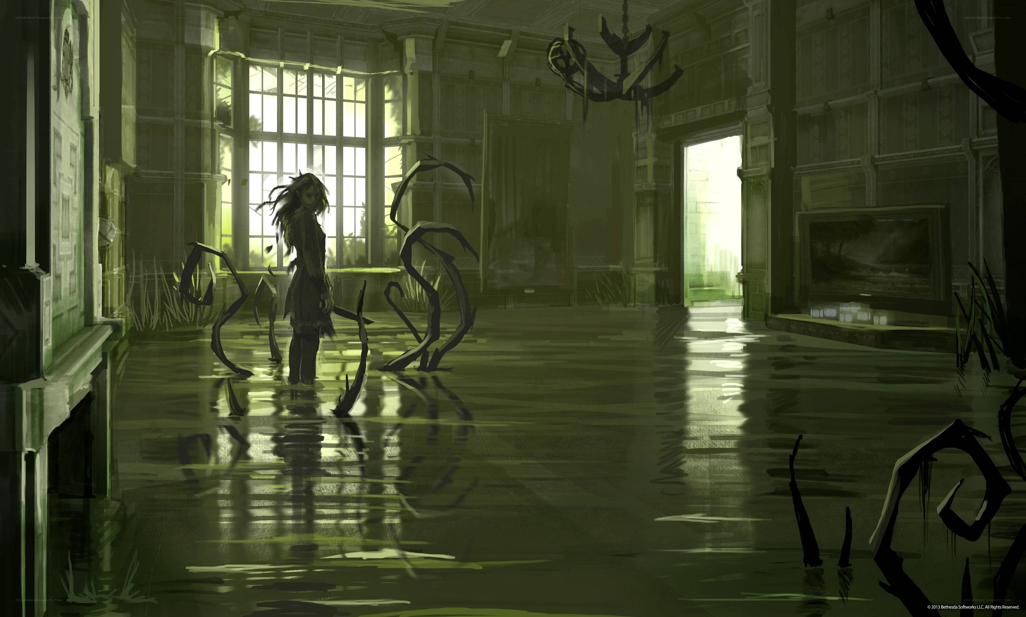 flooded mansion with ghostly figure