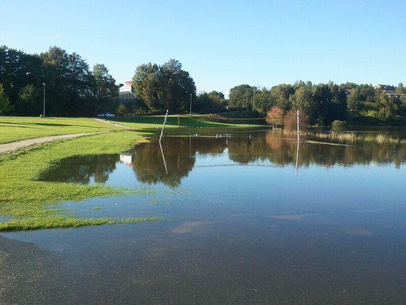 Flooded park with soccer goal