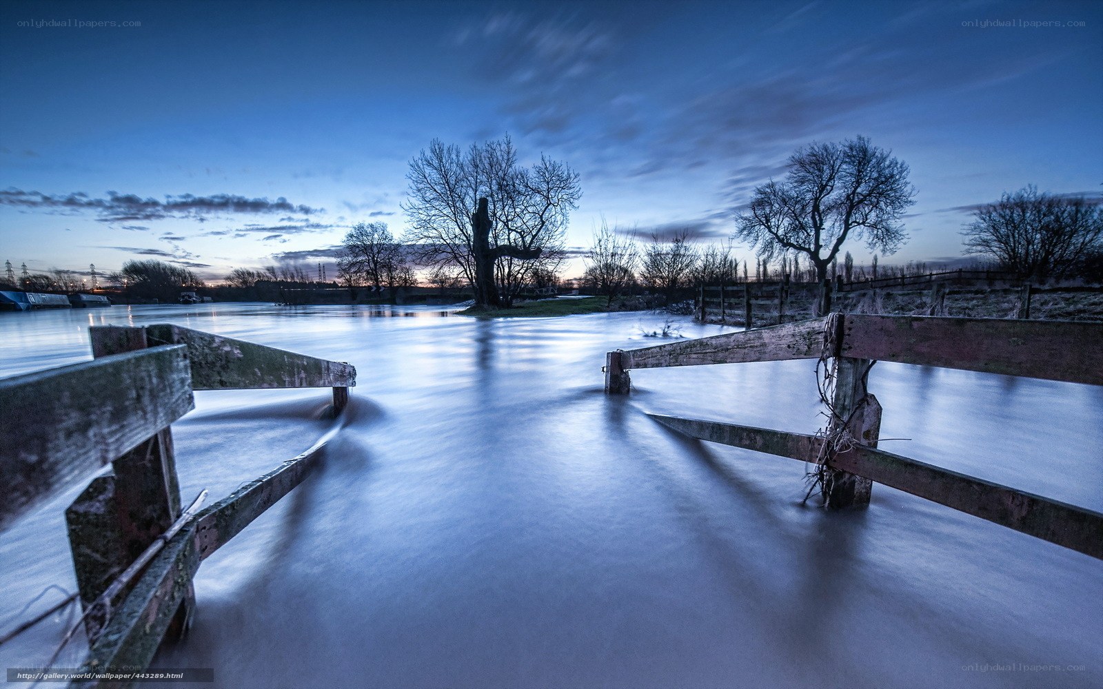 Flooded river at dusk