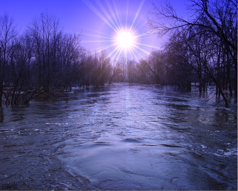 flooded river at sunset