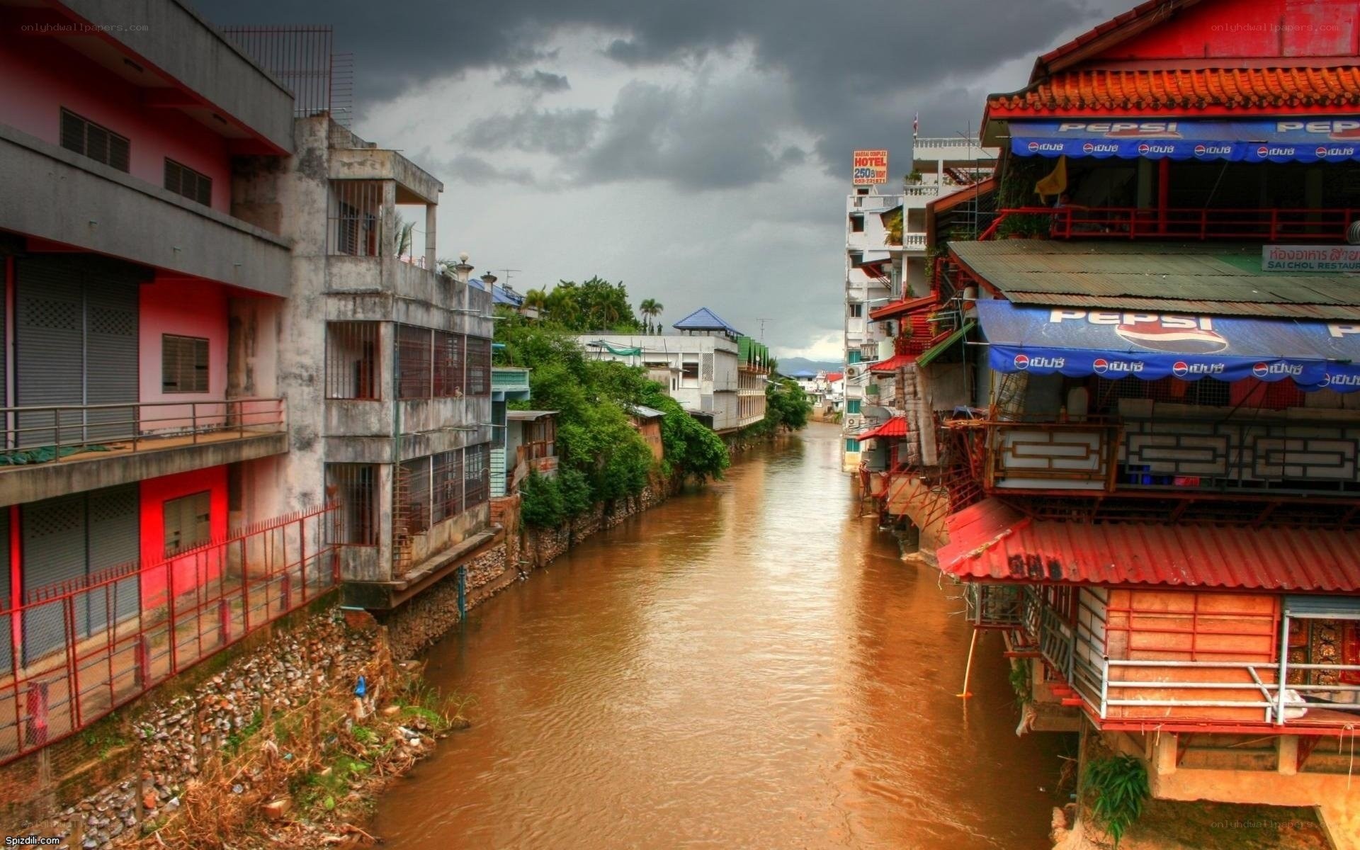 Flooded river in a Thai town