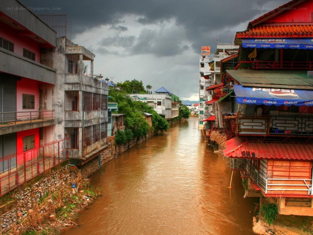 Flooded river in a town