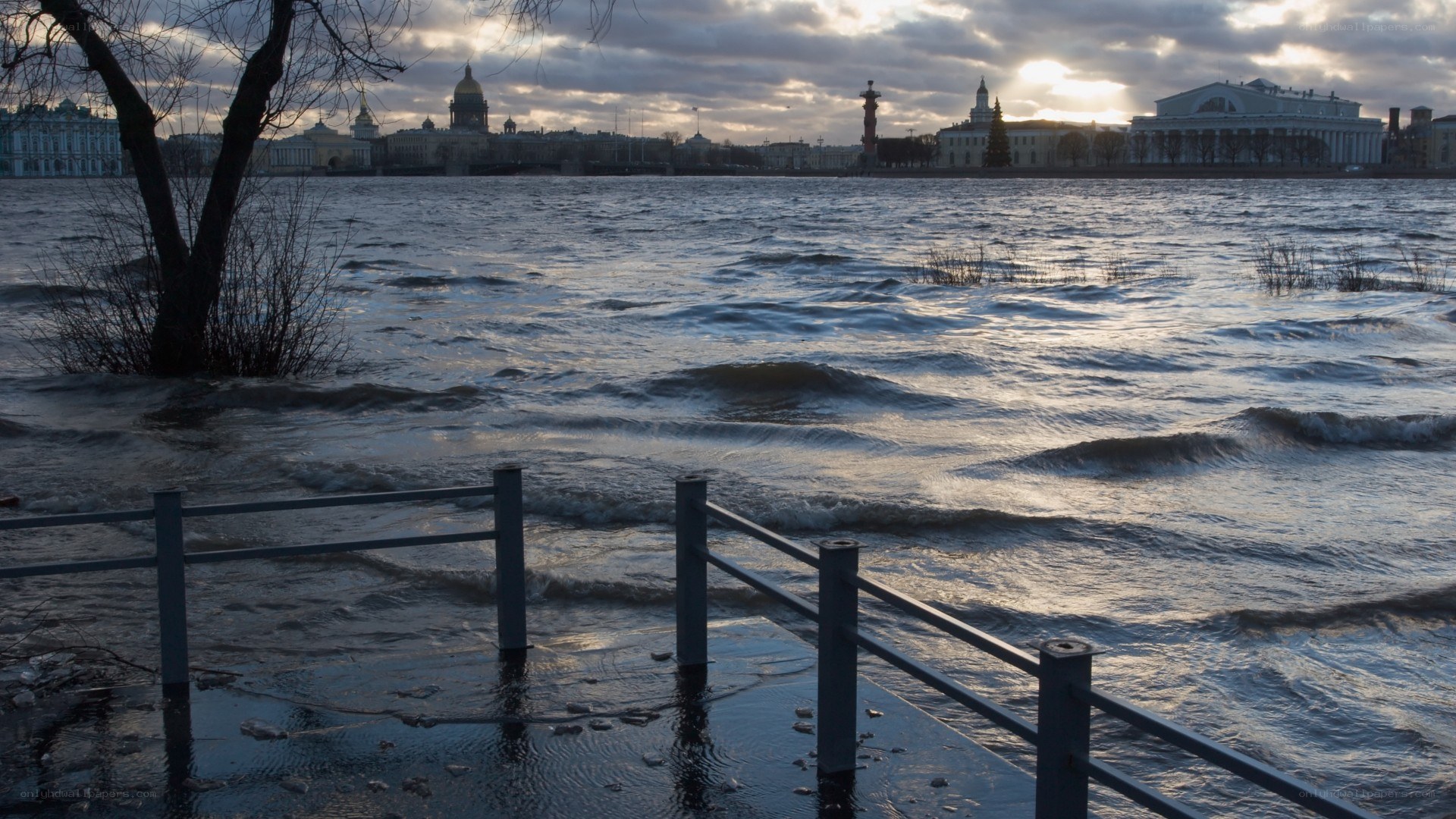 Flooded river in city