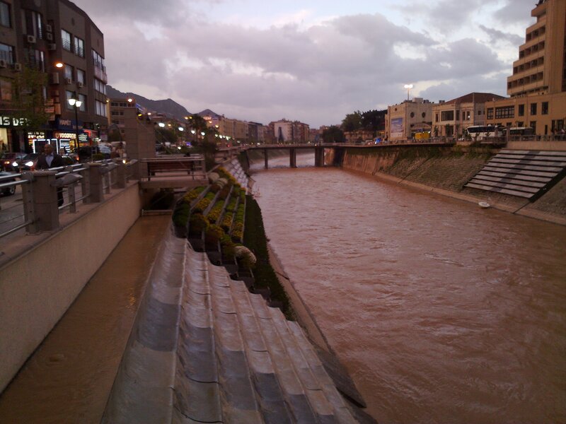 Flooded river in city