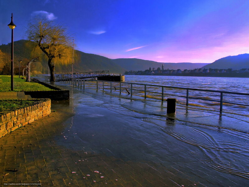 Flooded riverside at dusk