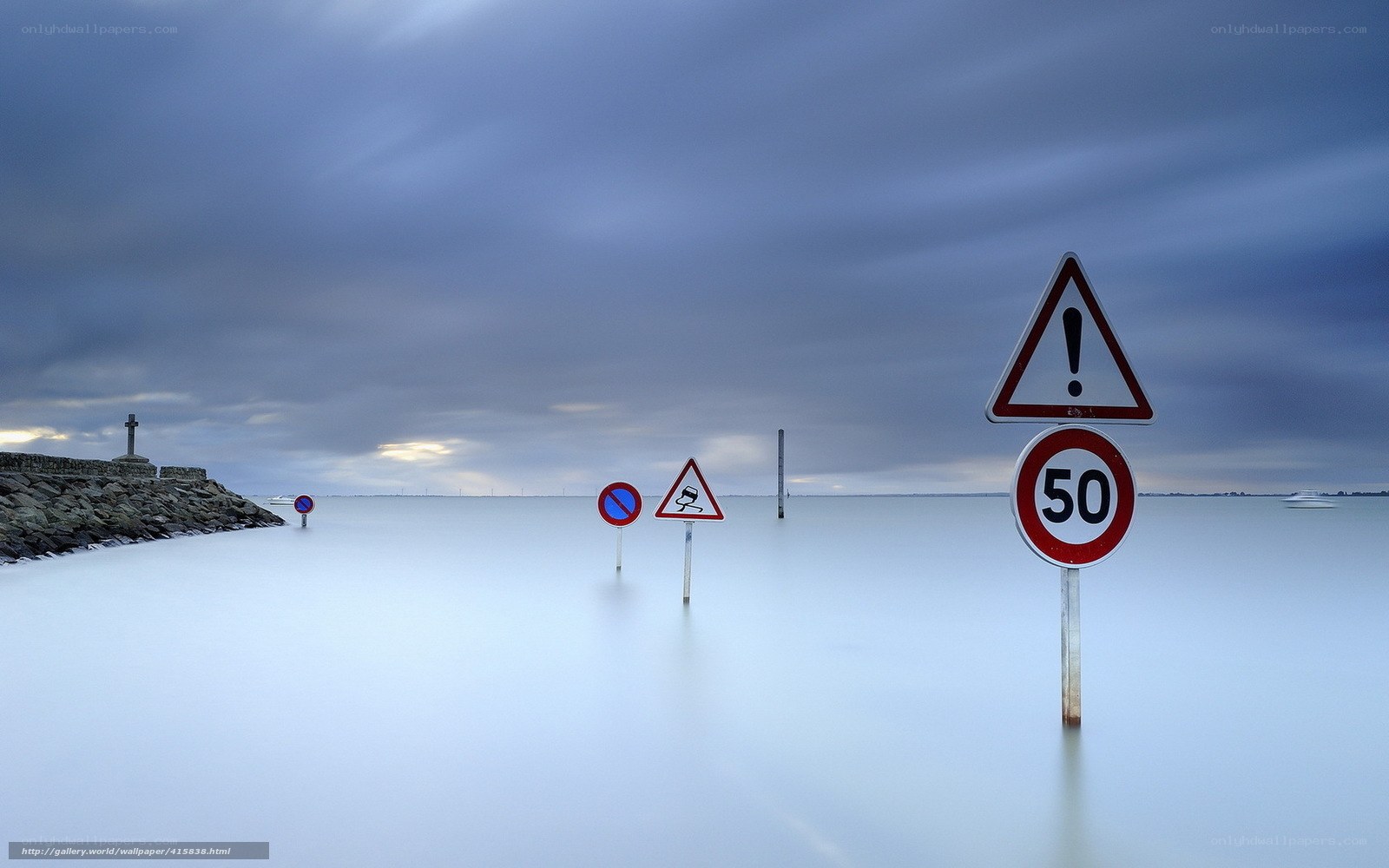 Flooded road signs at sea