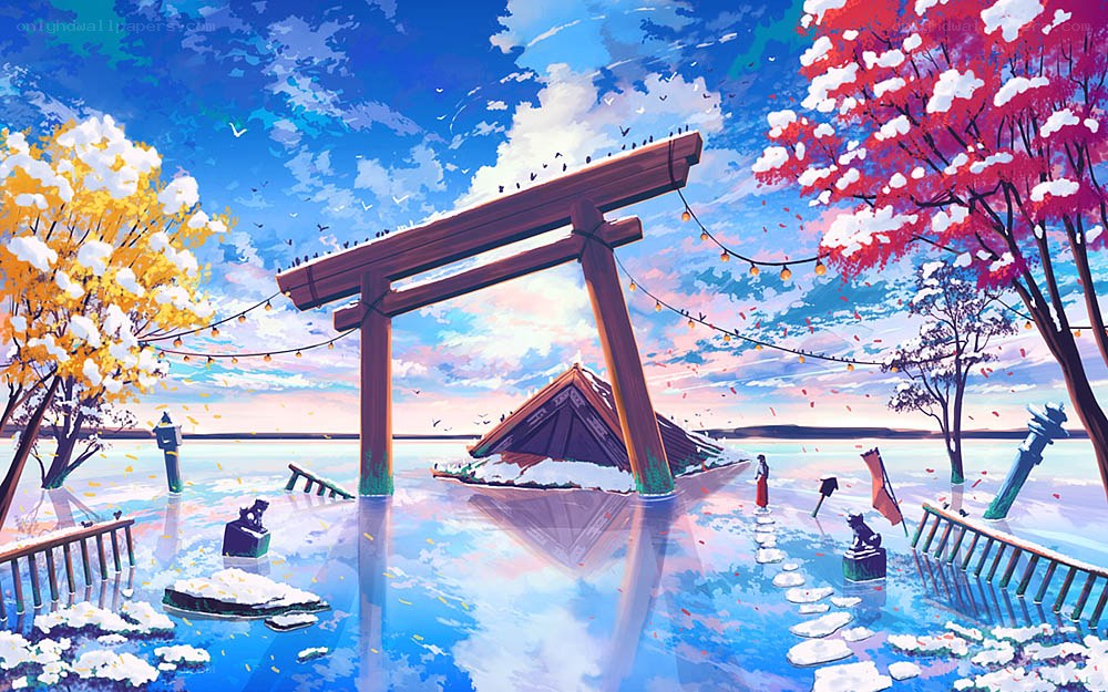 Flooded shrine at sunset