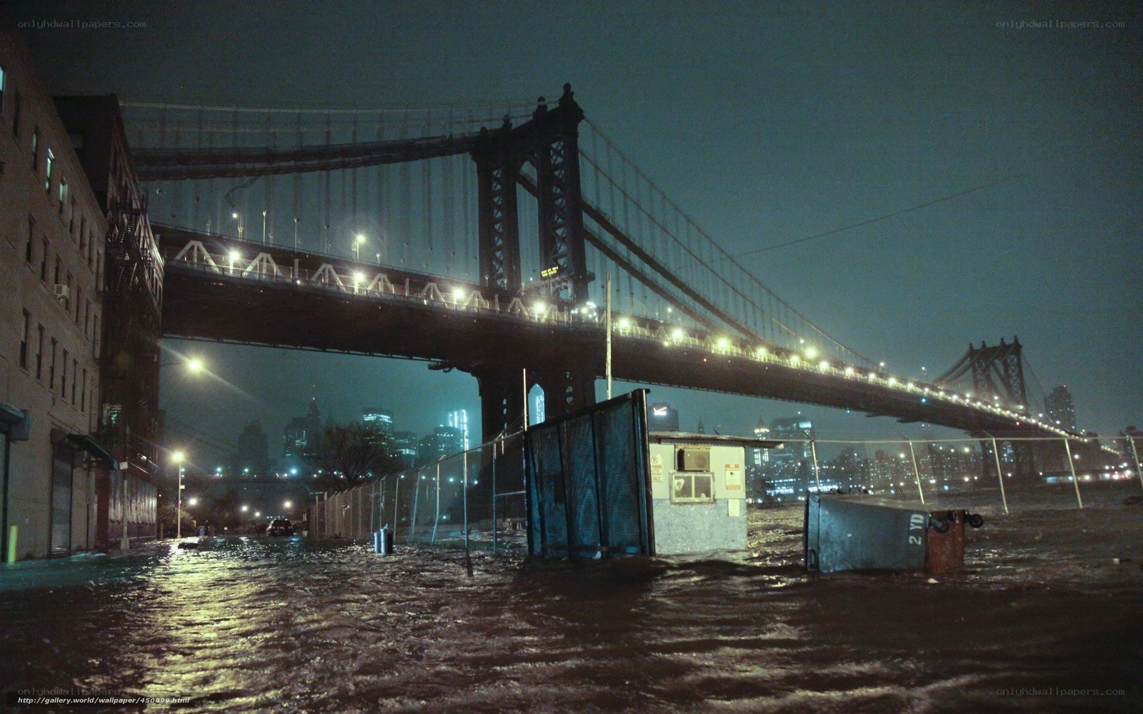 Flooded streets under Manhattan Bridge