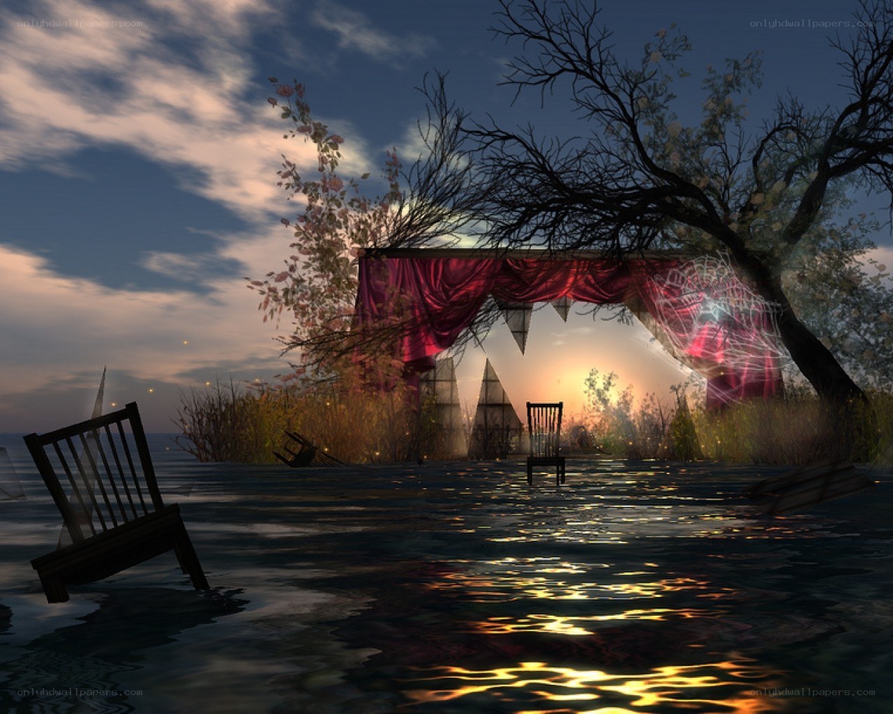 flooded theater at sunset