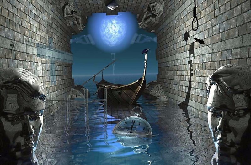 flooded tunnel with boat and clock