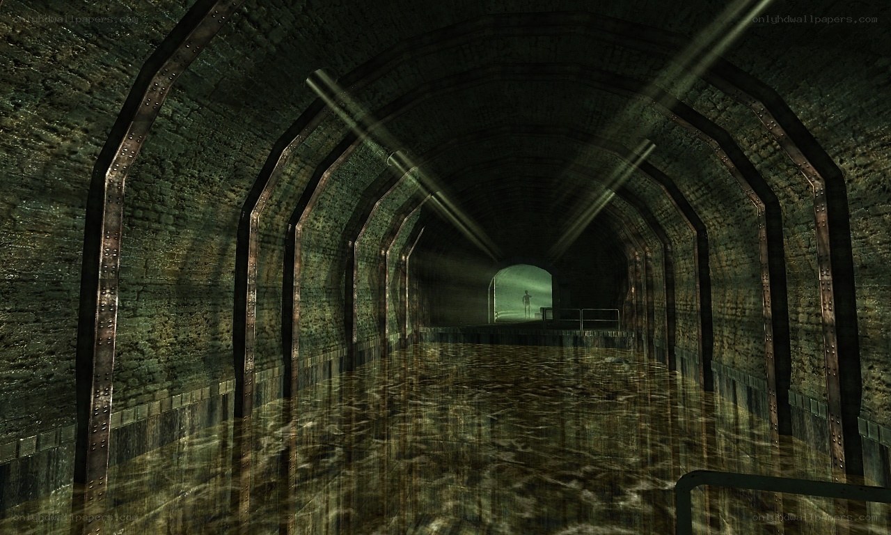 flooded tunnel with distant figure