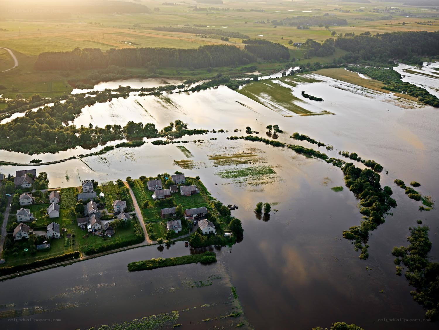 Flooded village at sunset