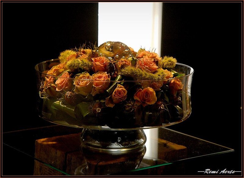Floral arrangement in glass bowl