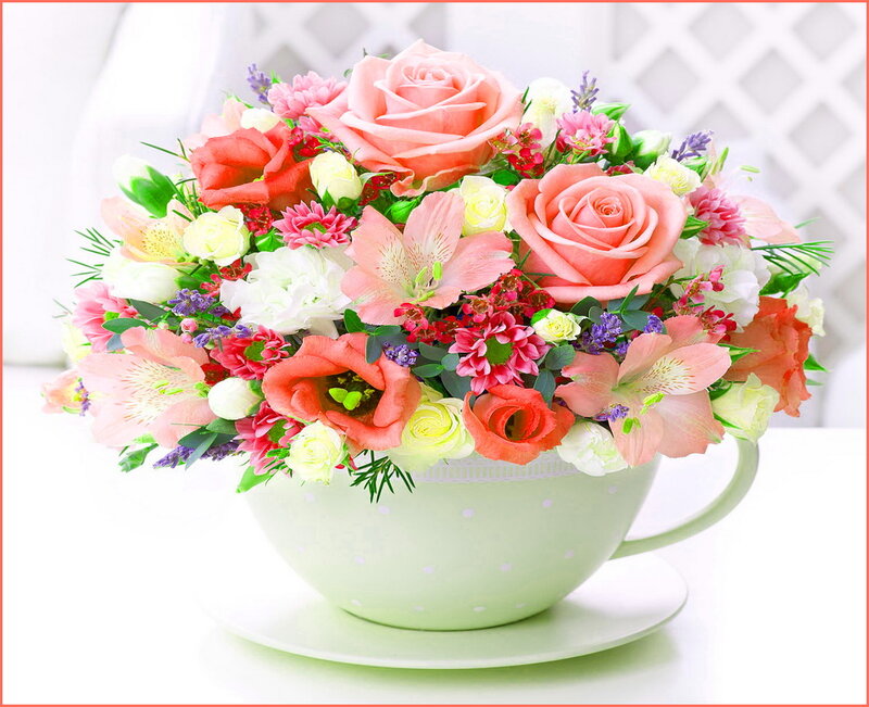 Floral Arrangement in Teacup — Pink