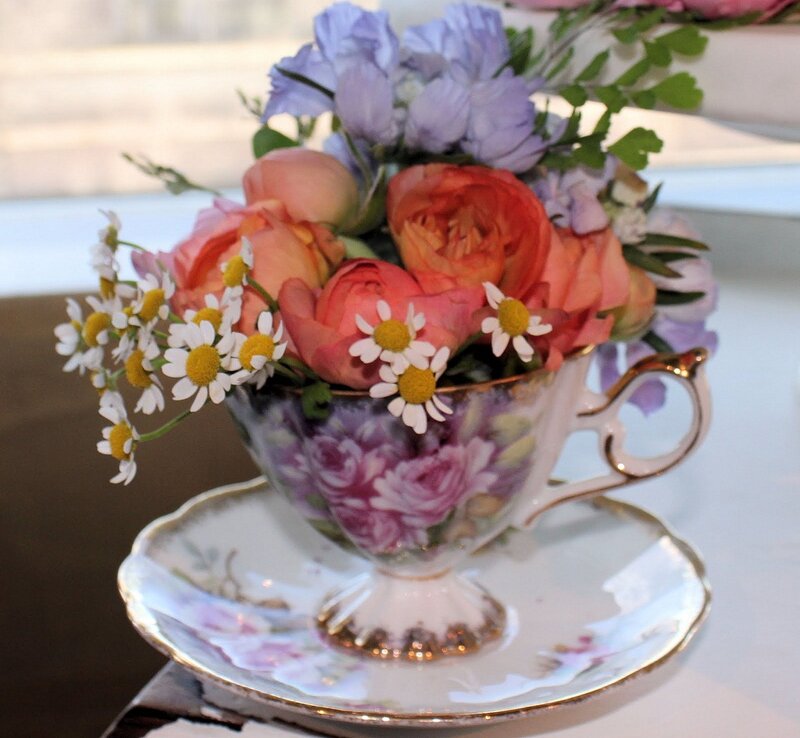 Floral Arrangement in Teacup — Purple