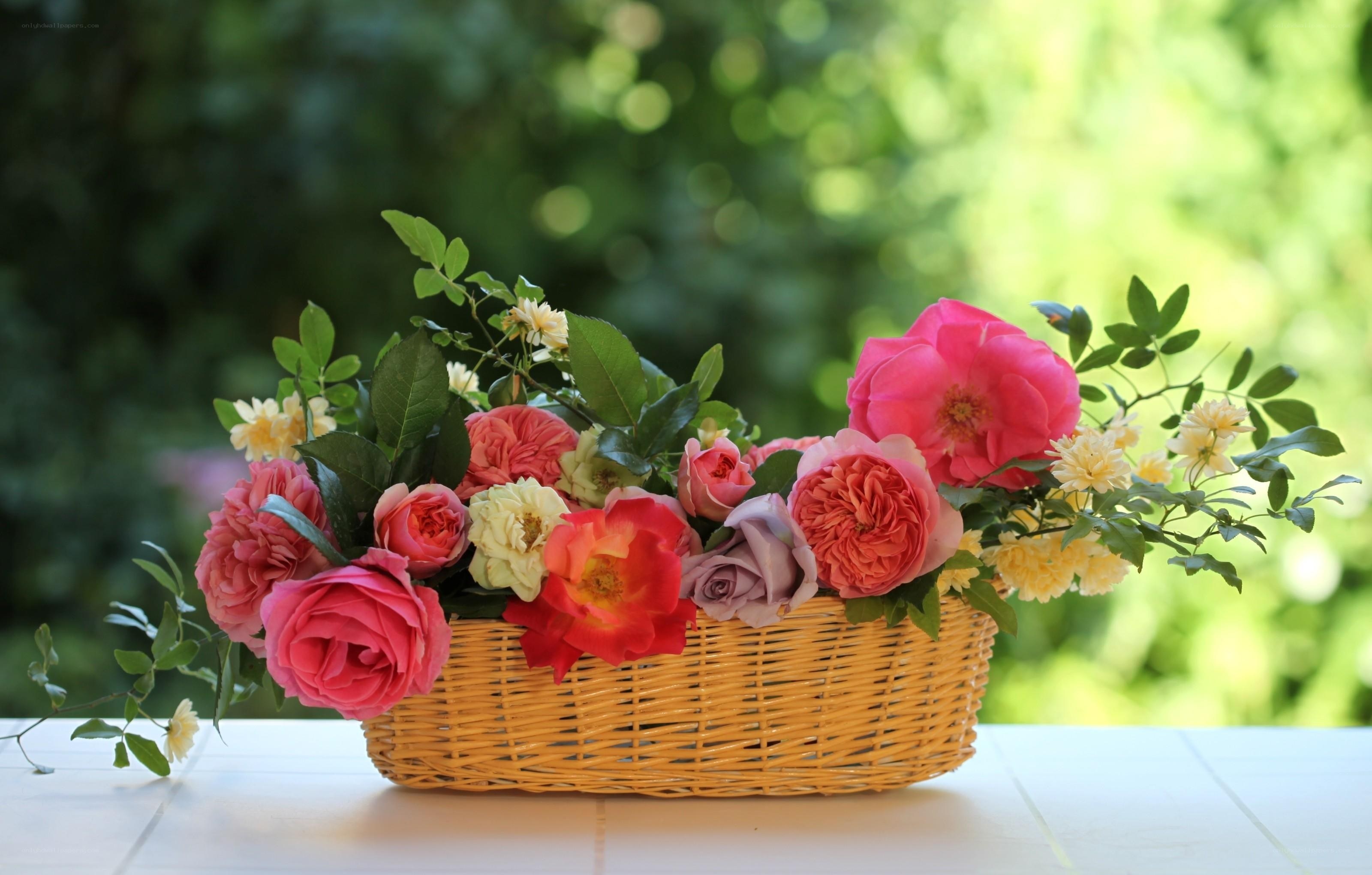 Floral arrangement in wicker basket