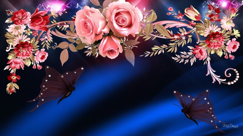 Floral Arrangement with Butterflies — Blue, Dramatic