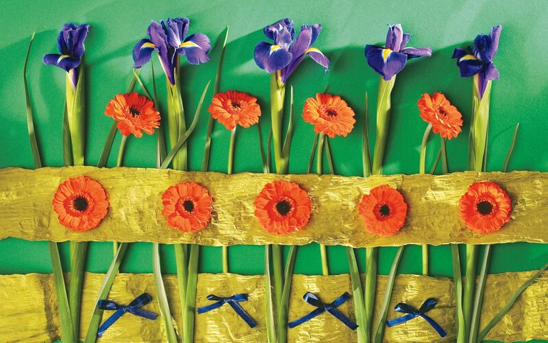 Floral arrangement with irises and gerberas
