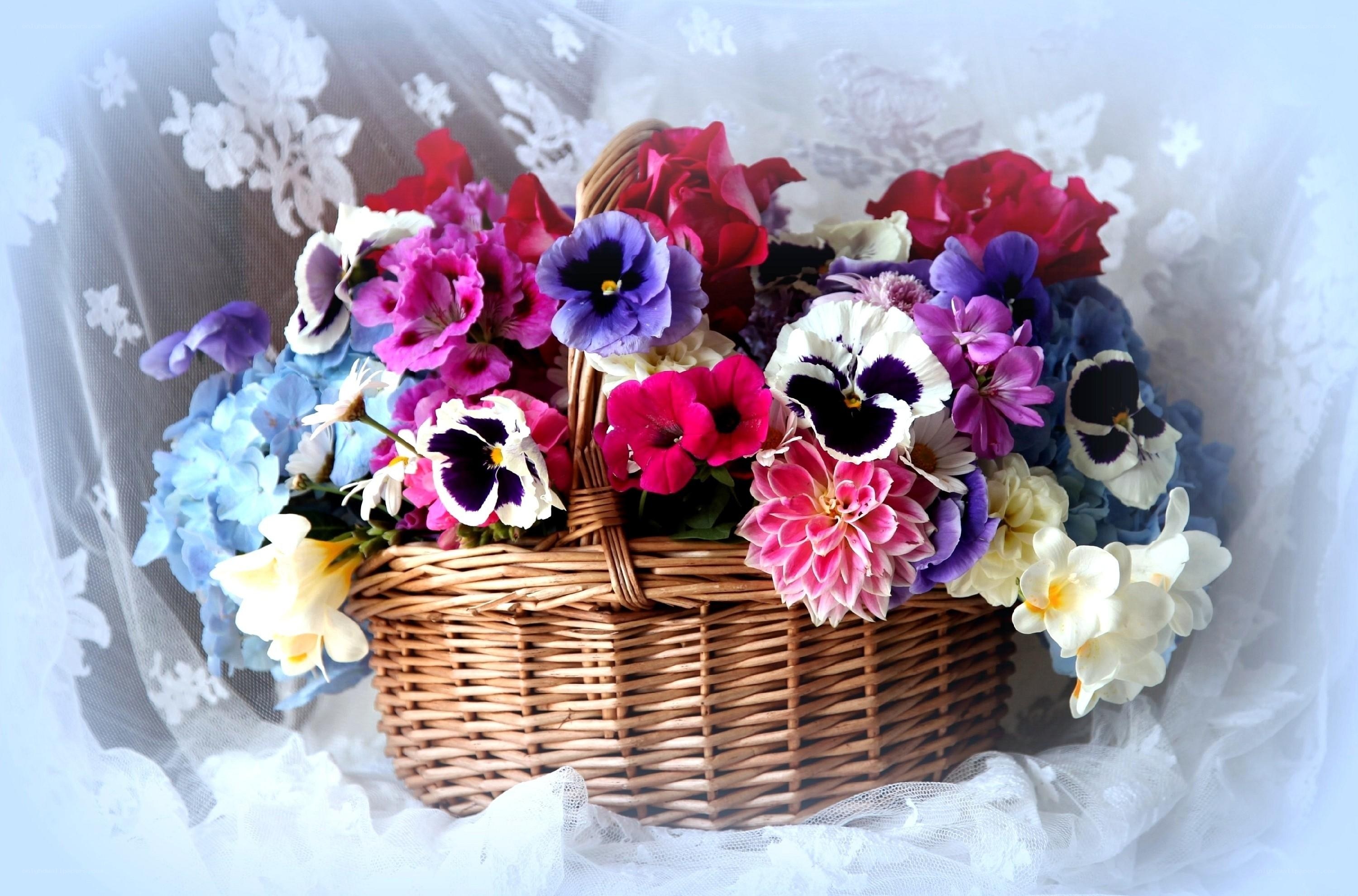 Floral basket with pansies and hydrangeas