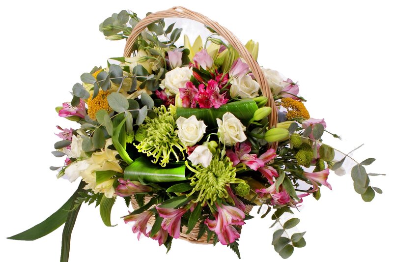 Floral basket with roses and alstroemeria