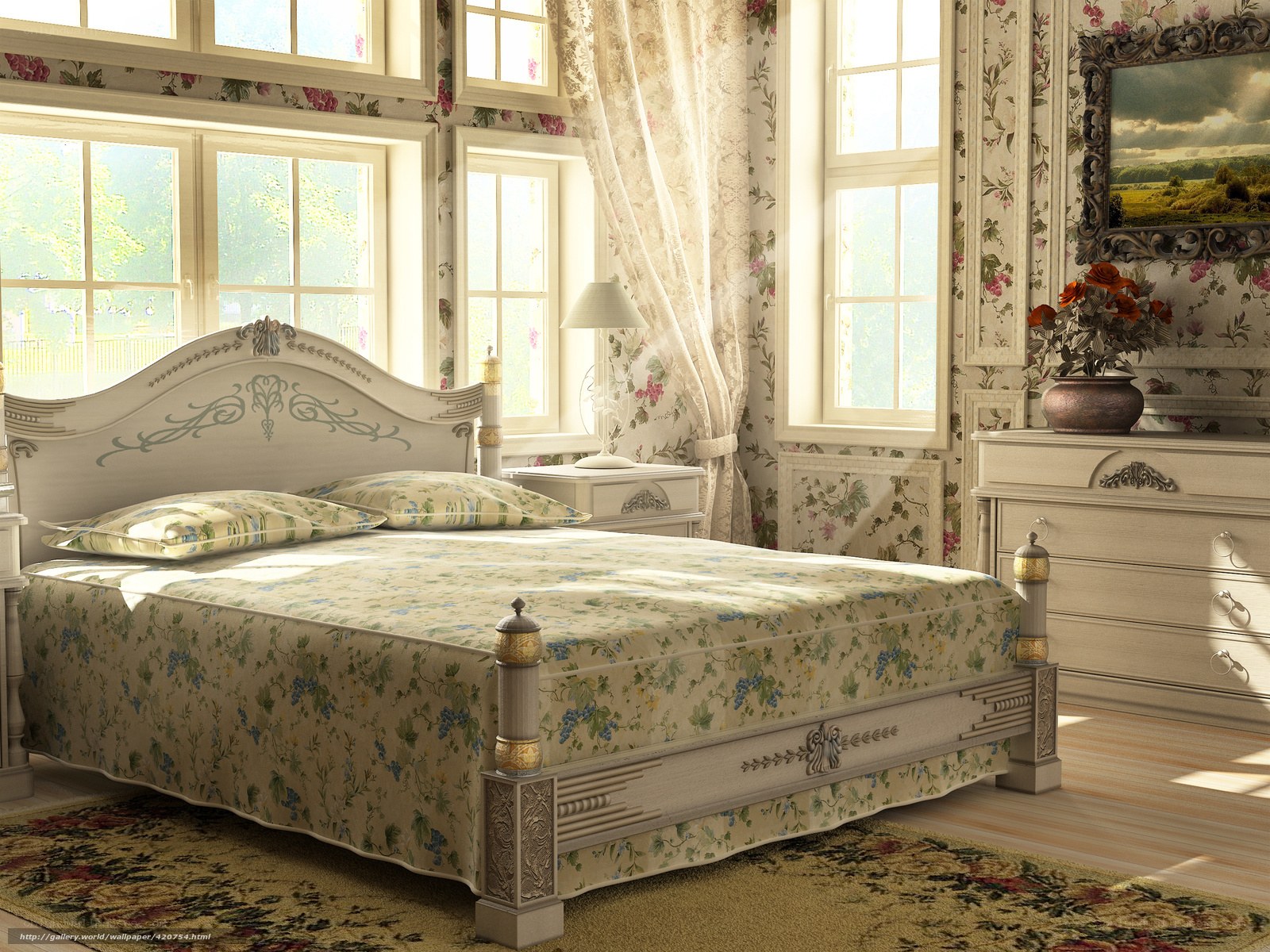 Floral bedroom with ornate furniture