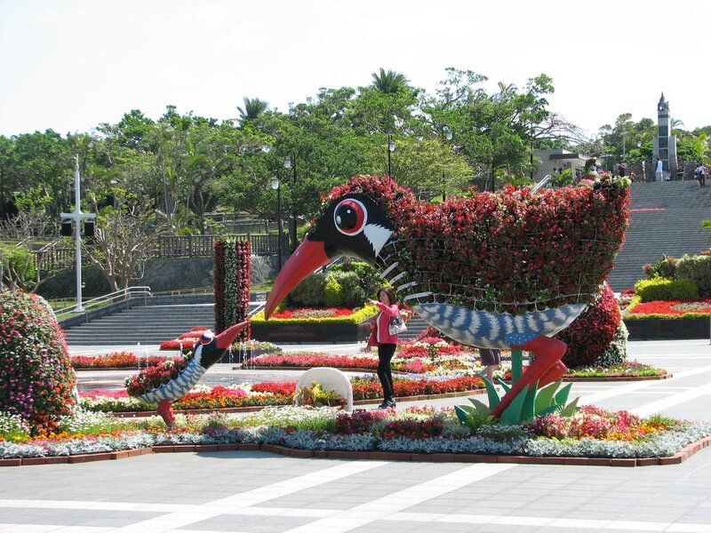 Floral bird sculptures in park