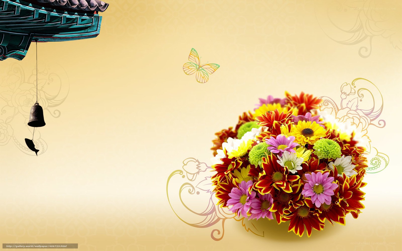 Floral bouquet with temple bell