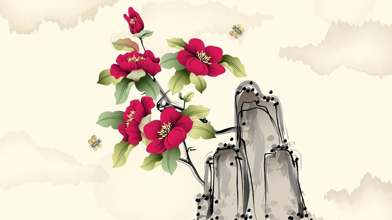 Floral branch with bees and rock