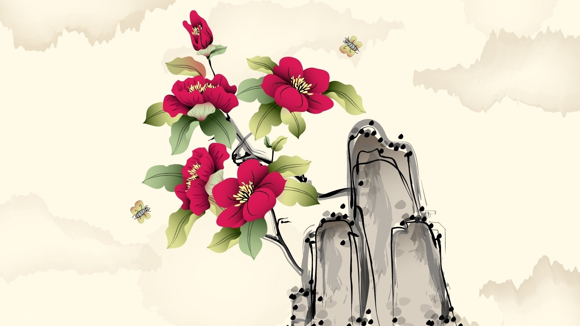 Floral branch with bees and rock