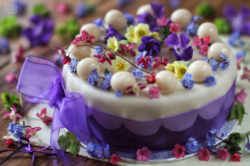 Floral Cake with Purple Ribbon