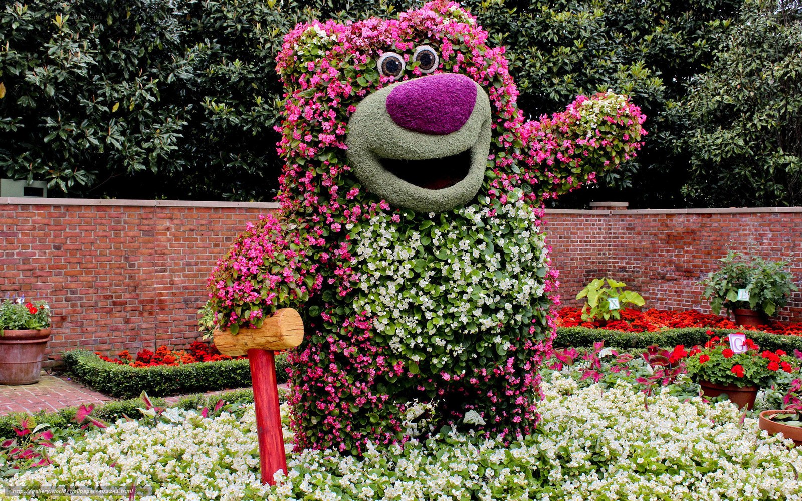 Floral character sculpture in garden