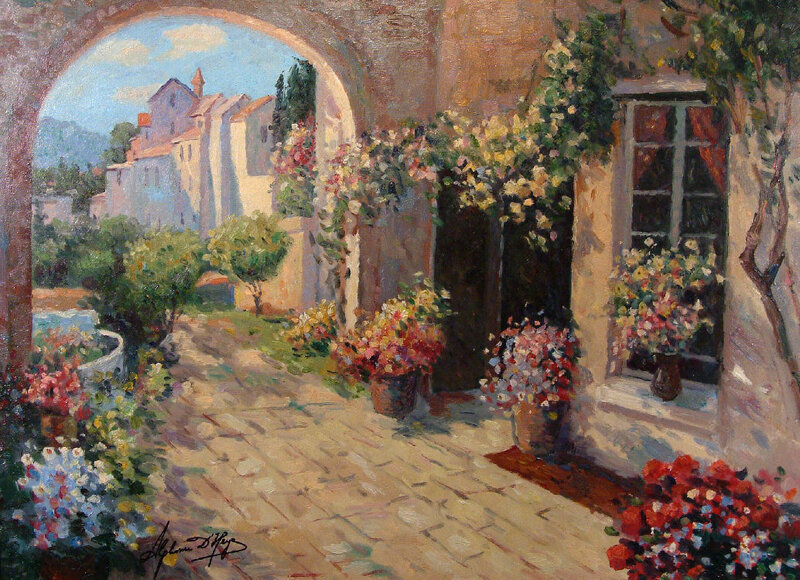 Floral courtyard in a Mediterranean village