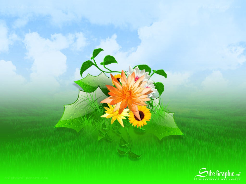 Floral design on green field
