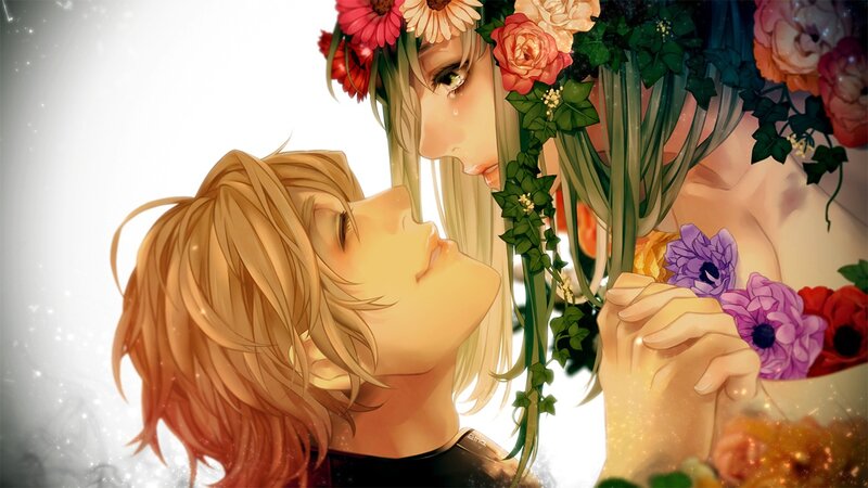 Floral embrace between two figures