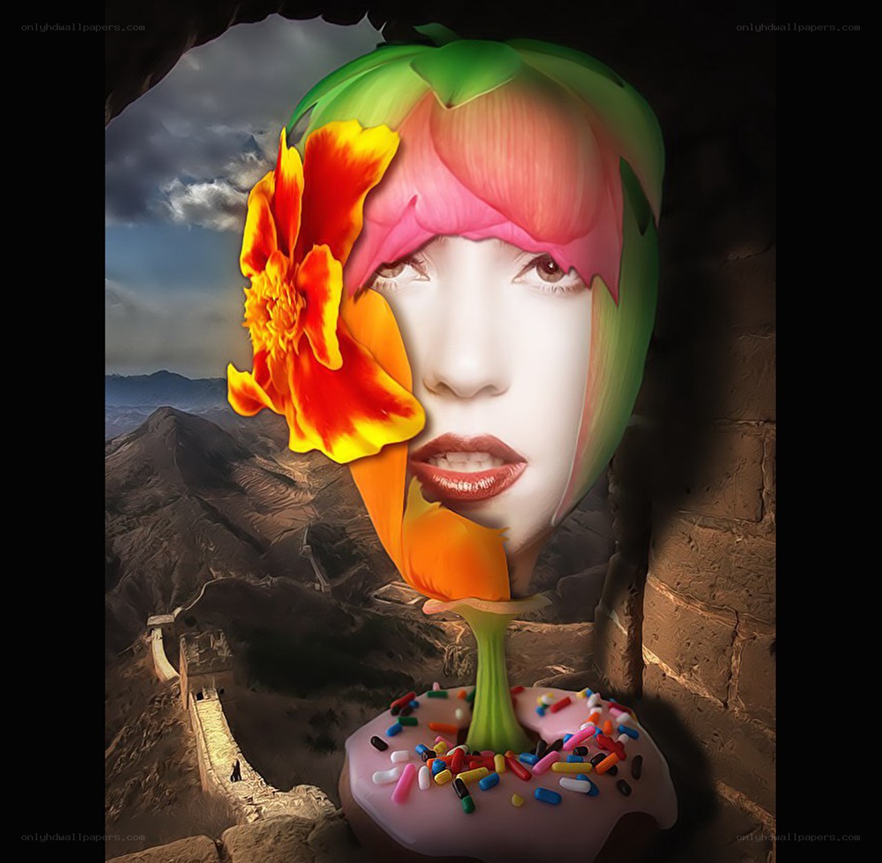 floral face over ancient wall