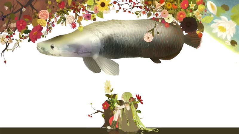 Floral fish and green-haired girl