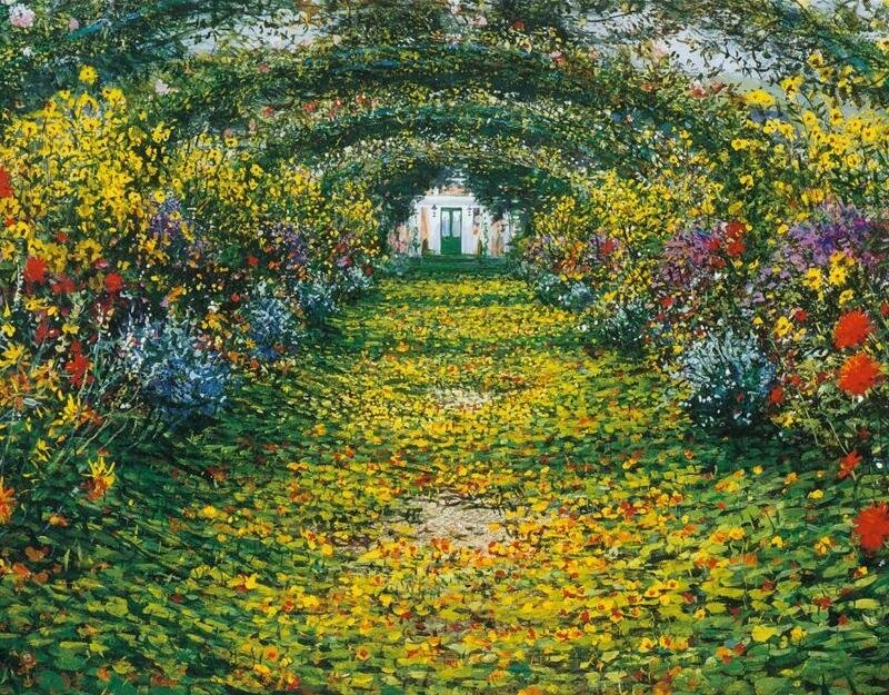 Floral garden path to a house
