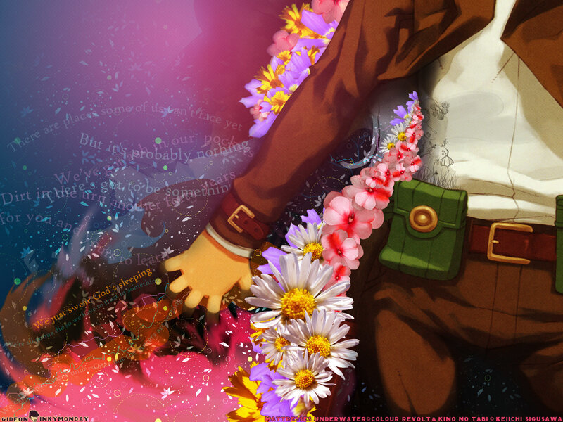 Floral garland on character hands