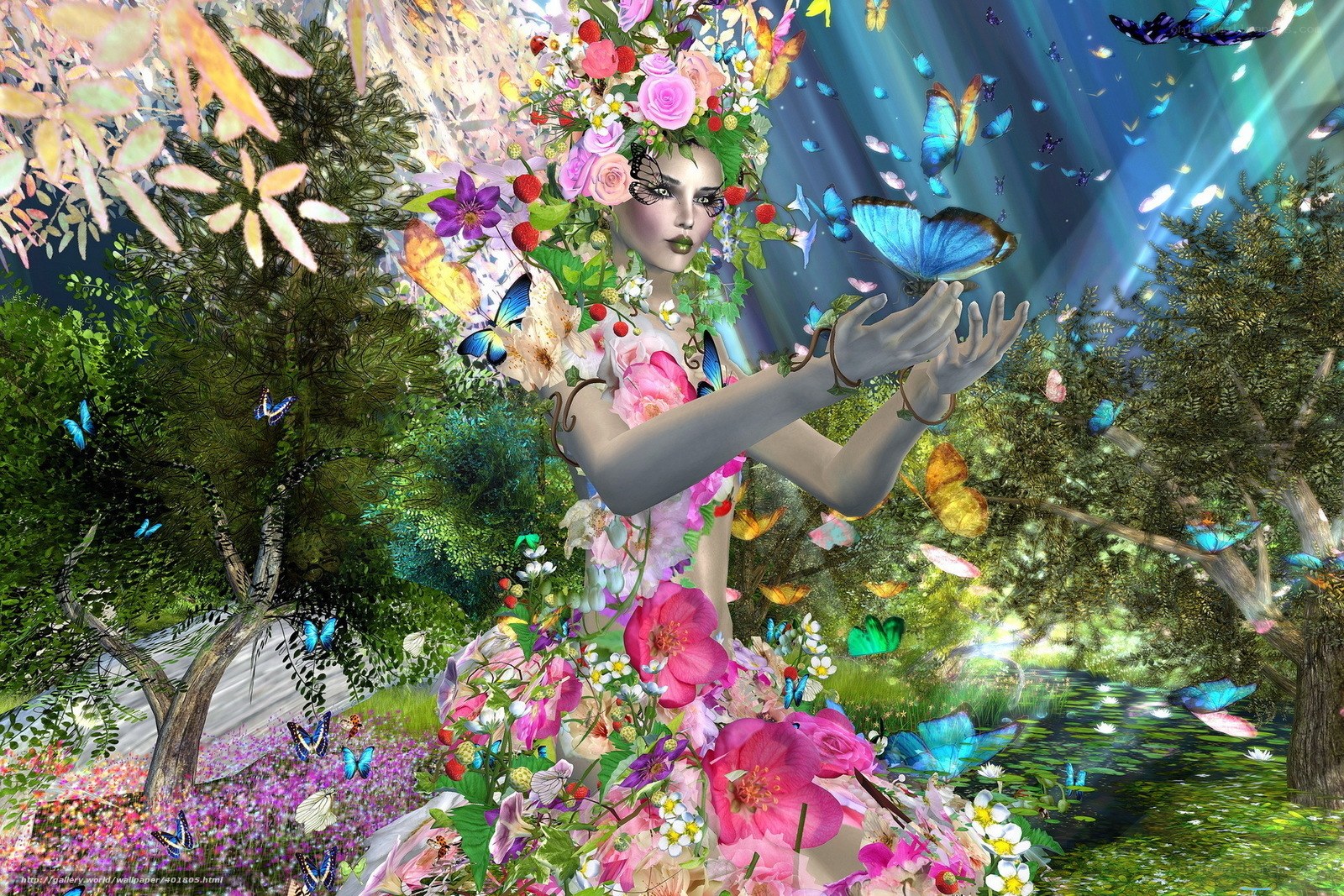 Floral goddess in butterfly garden