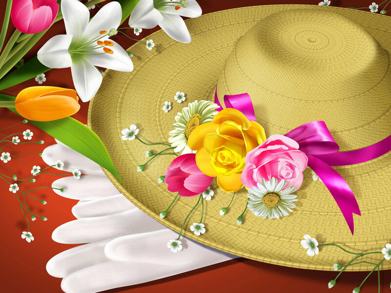 Floral hat with flowers and gloves