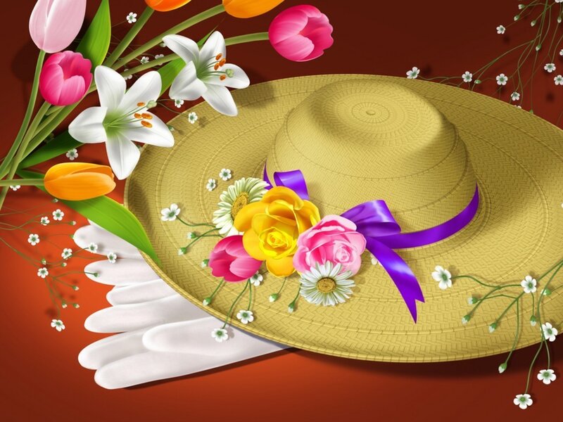 Floral hat with flowers and gloves